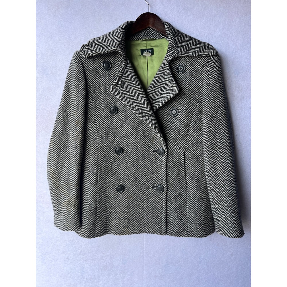J.Crew Womens Wool Herringbone Pea Coat Black White Double Breasted Size S